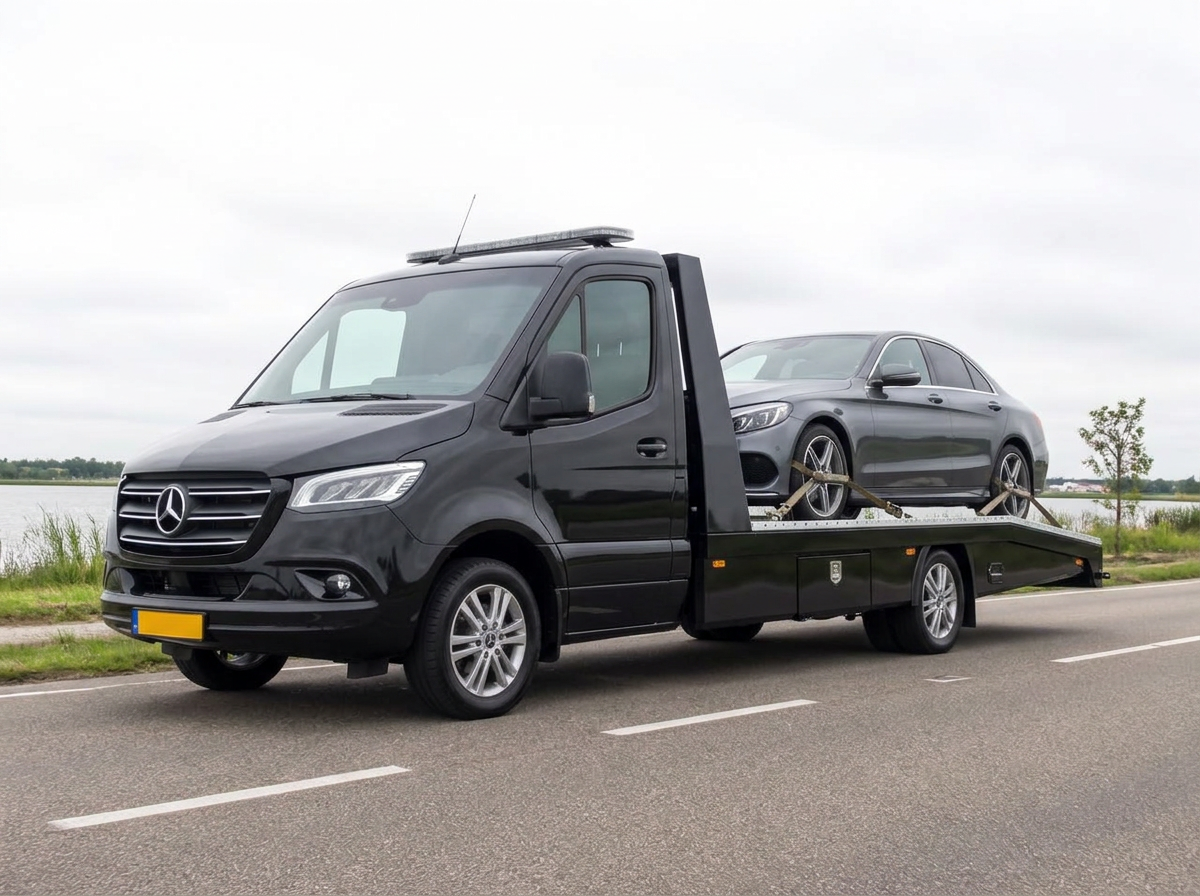 Takelwagen van A&N Takelservice met een opgeladen personenauto langs de weg bij Breda